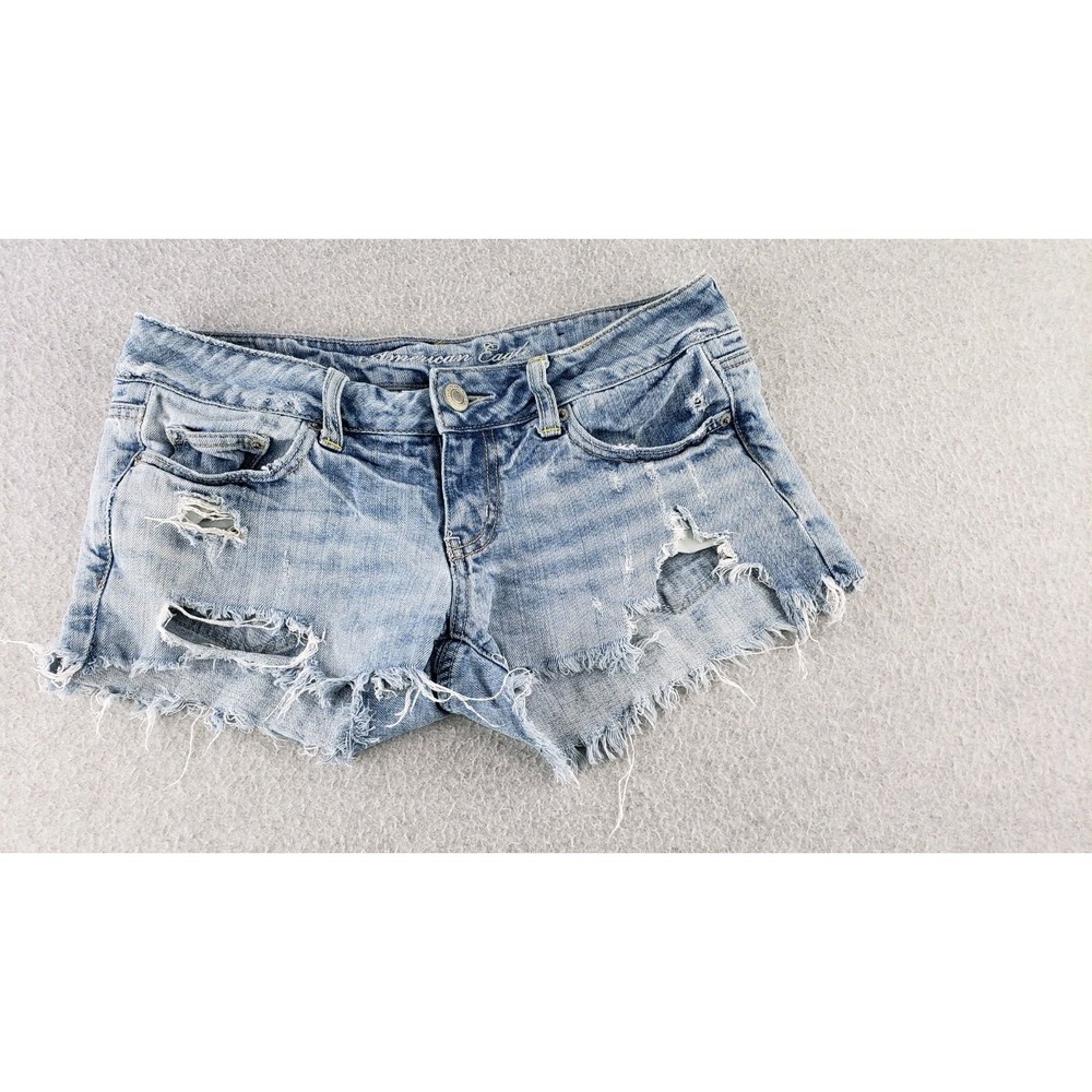 American Eagle Womens Sz 4 Distressed Denim Shorts Hi Rise Micro Short 32" Waist